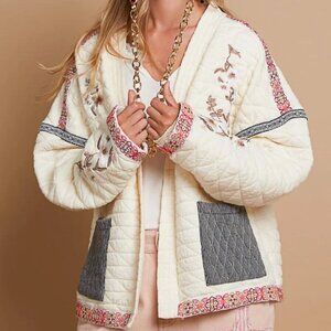 POL Cream Floral Embroidered Open Front Jacket